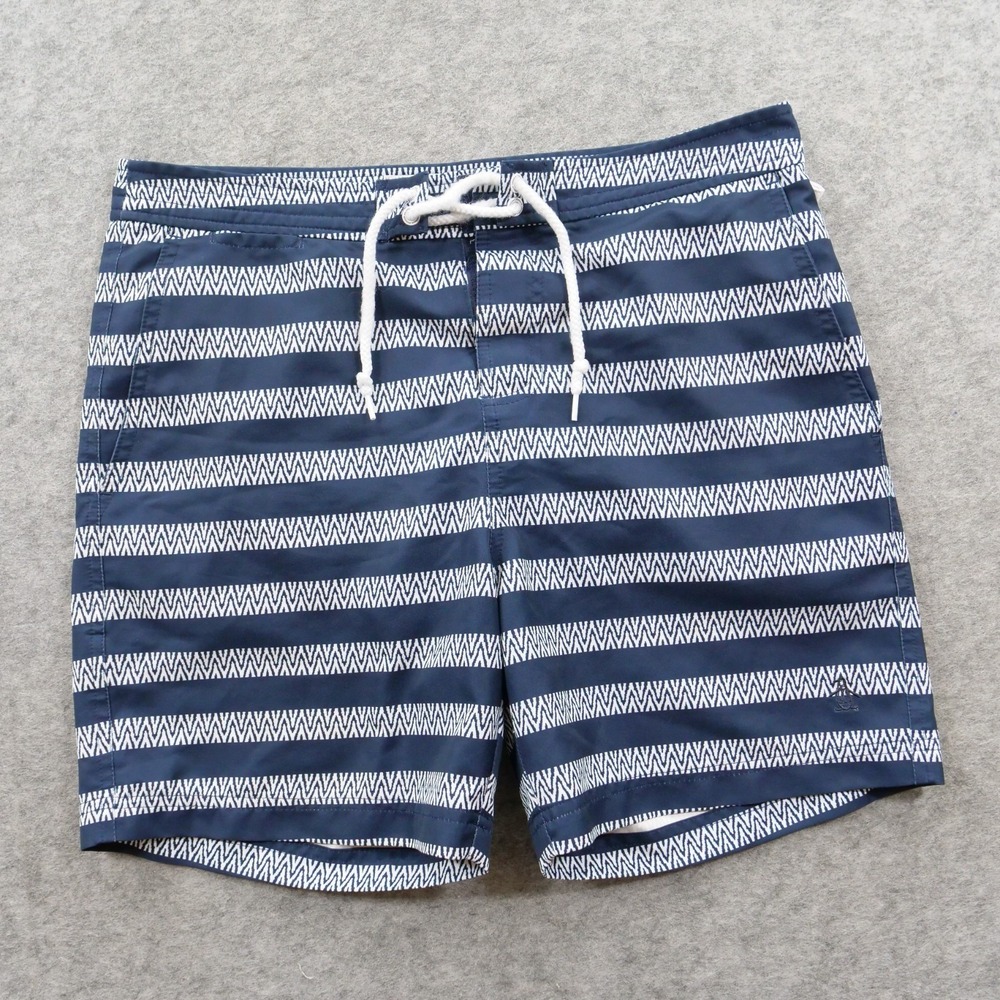 Original Penguin Shorts  Mens Medium Blue White Swim Trunks Geometric Striped